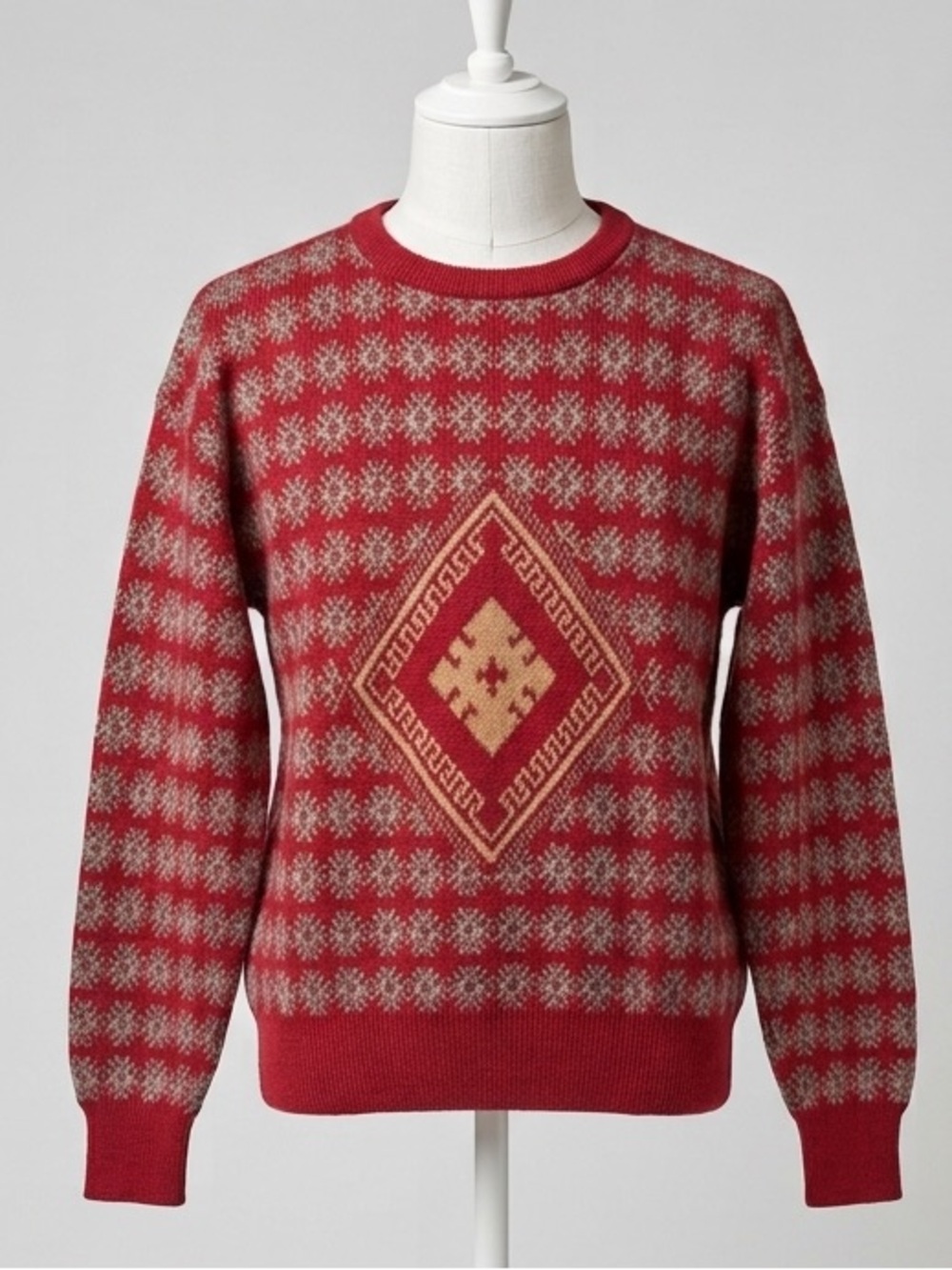Vintage Gianfranco Ruffini 100% Wool Sweater Red Fair Isle Nordic Greek Key Med